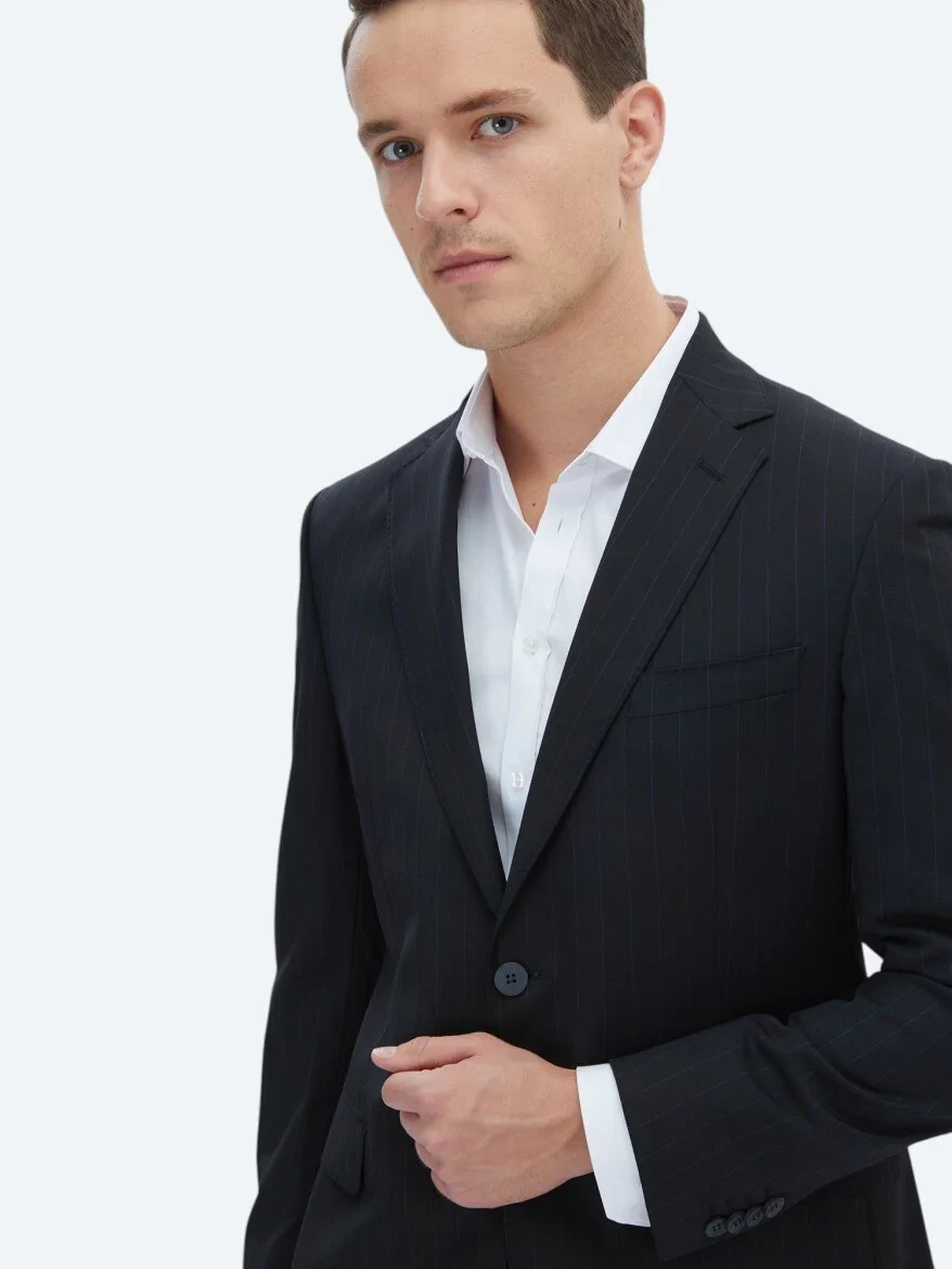 Black Striped Modern Fit Wool Blended Suit - 4
