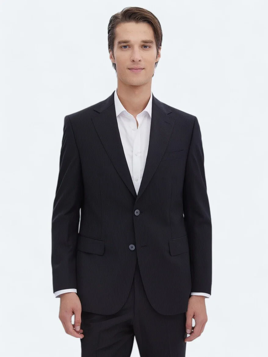 Black Striped Modern Fit Wool Blended Suit - 1