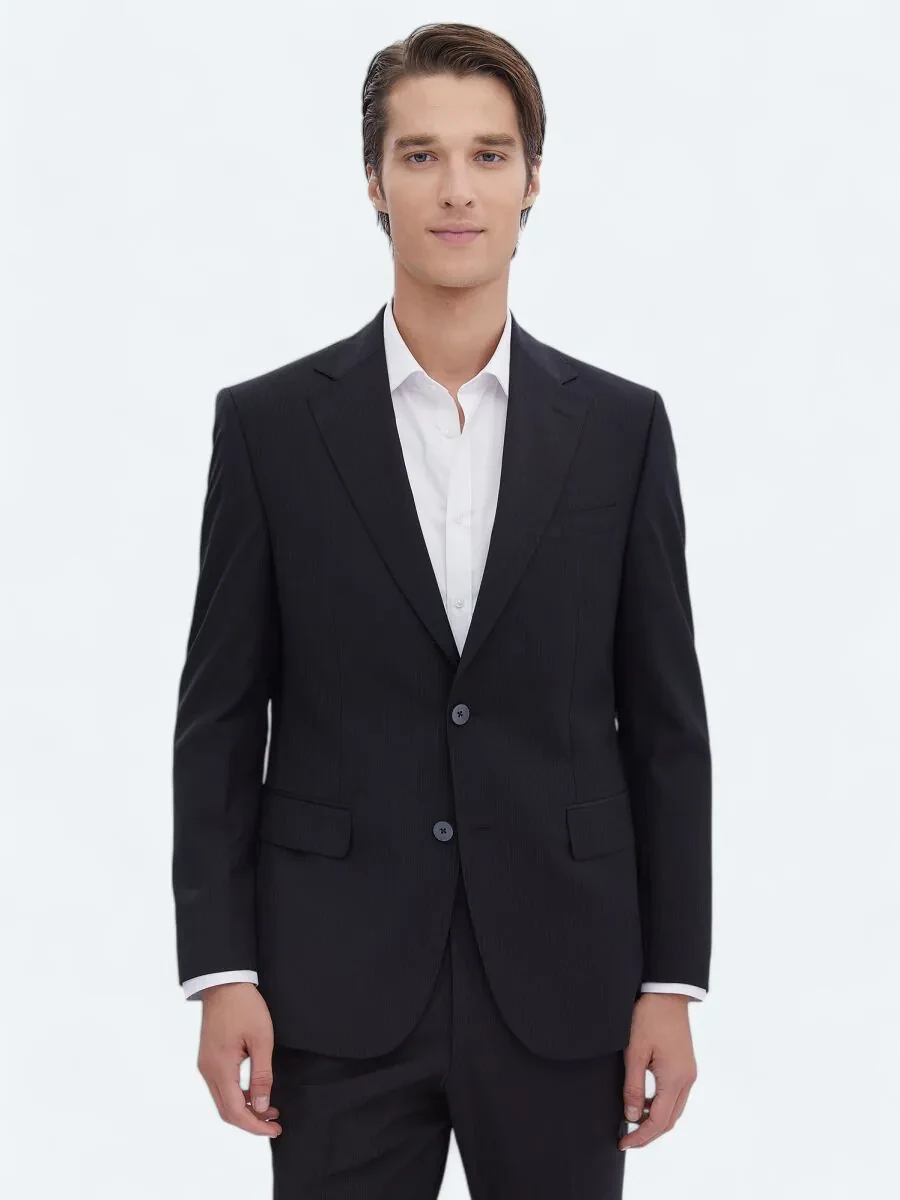 Black Striped Modern Fit Wool Blended Suit - 1