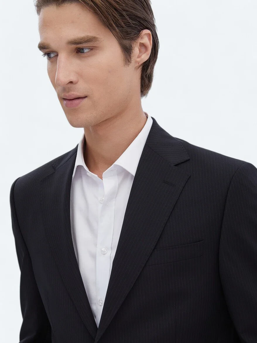 Black Striped Modern Fit Wool Blended Suit - 3