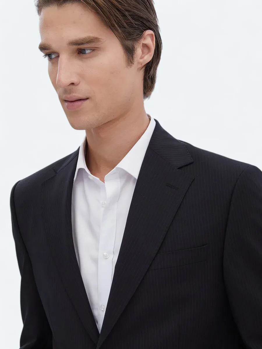 Black Striped Modern Fit Wool Blended Suit - 3