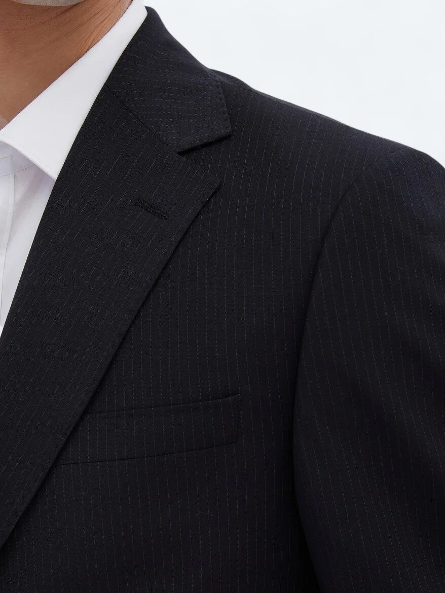Black Striped Modern Fit Wool Blended Suit - 4