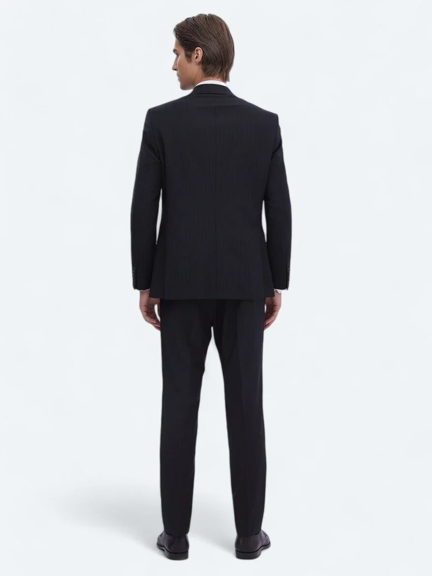Black Striped Modern Fit Wool Blended Suit - 5