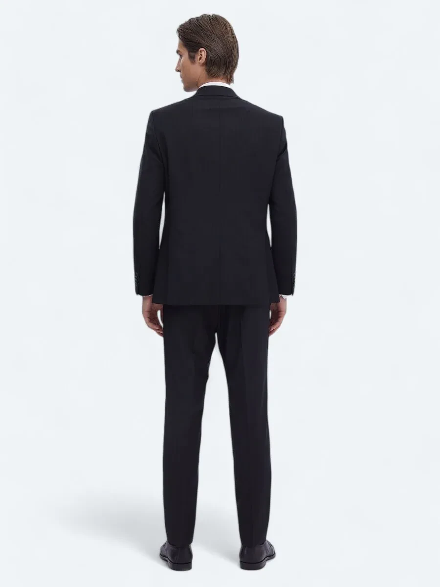 Black Striped Modern Fit Wool Blended Suit - 5