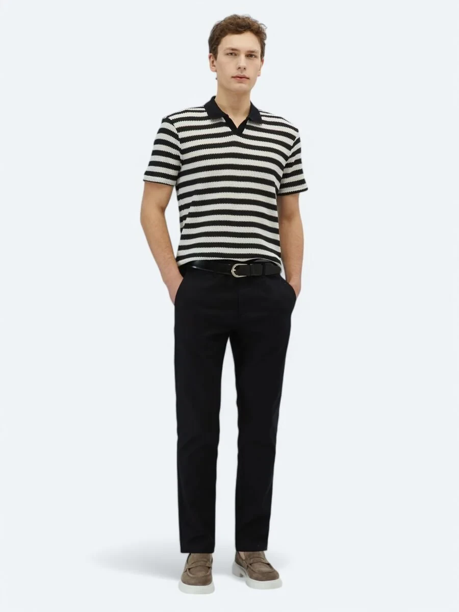 Black Striped Polo Neck Cotton Blended T-Shirt - 2