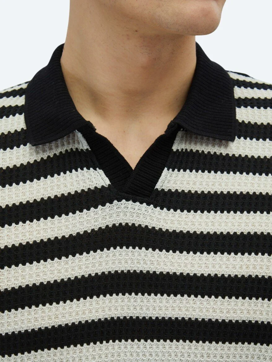 Black Striped Polo Neck Cotton Blended T-Shirt - 4