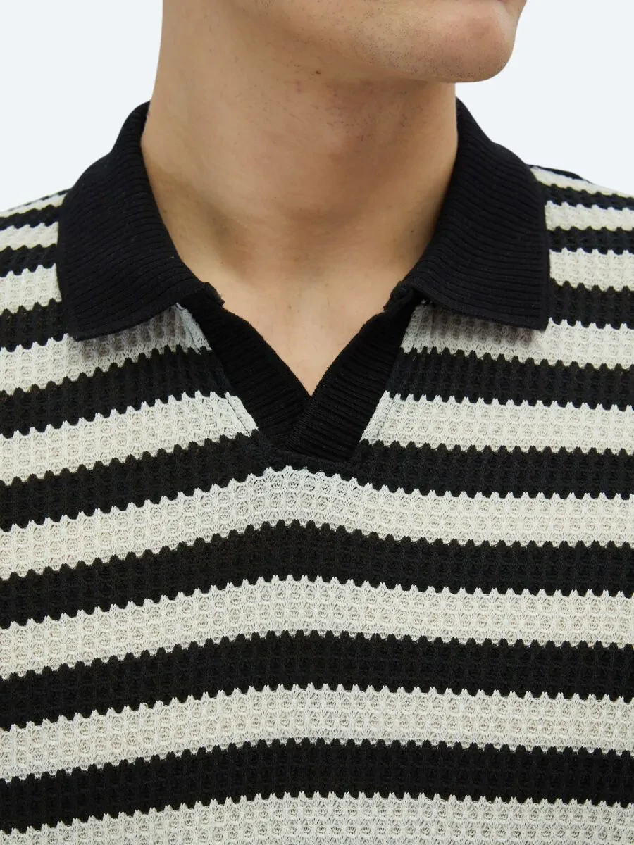 Black Striped Polo Neck Cotton Blended T-Shirt - 4