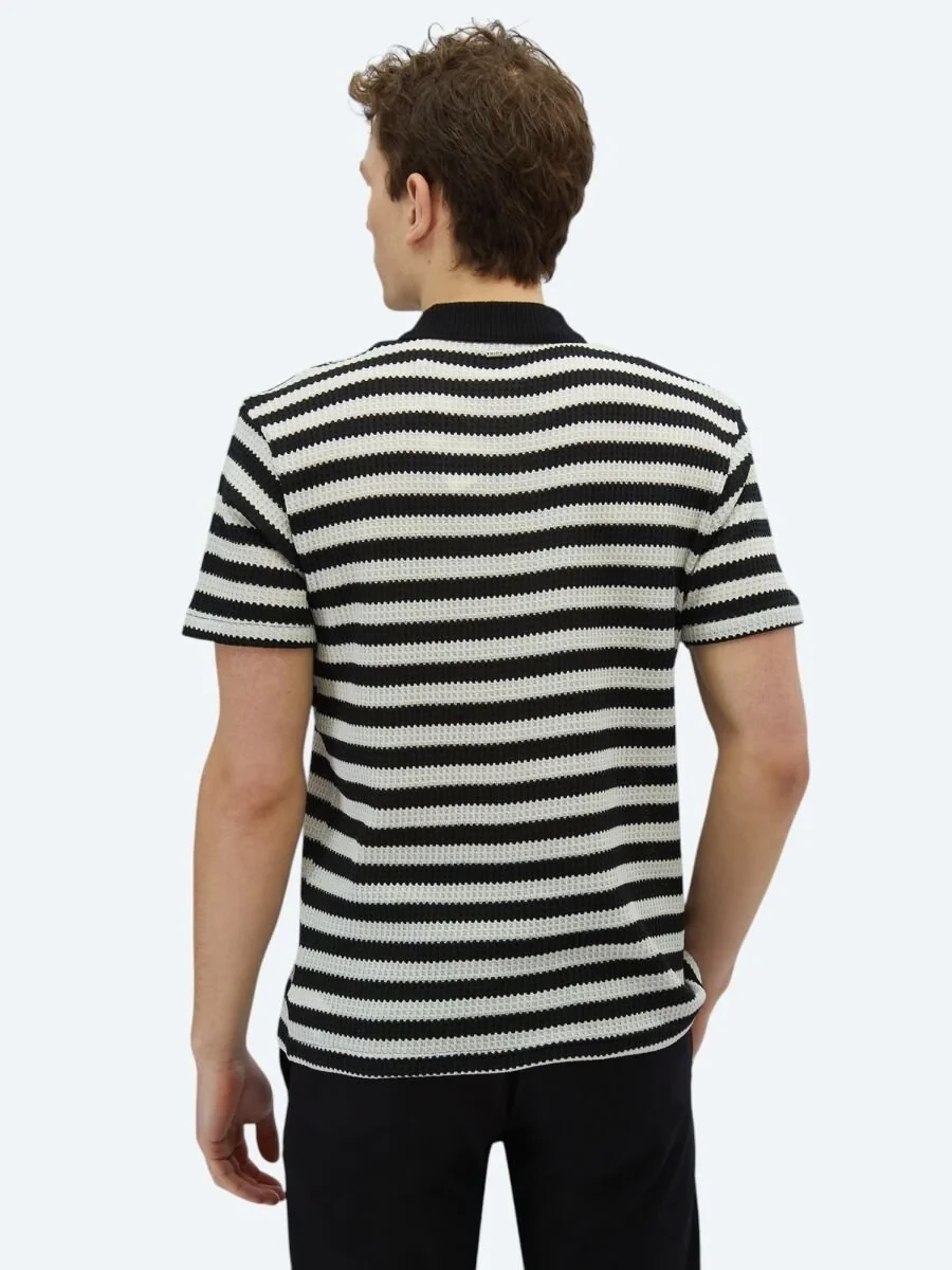 Black Striped Polo Neck Cotton Blended T-Shirt - 5