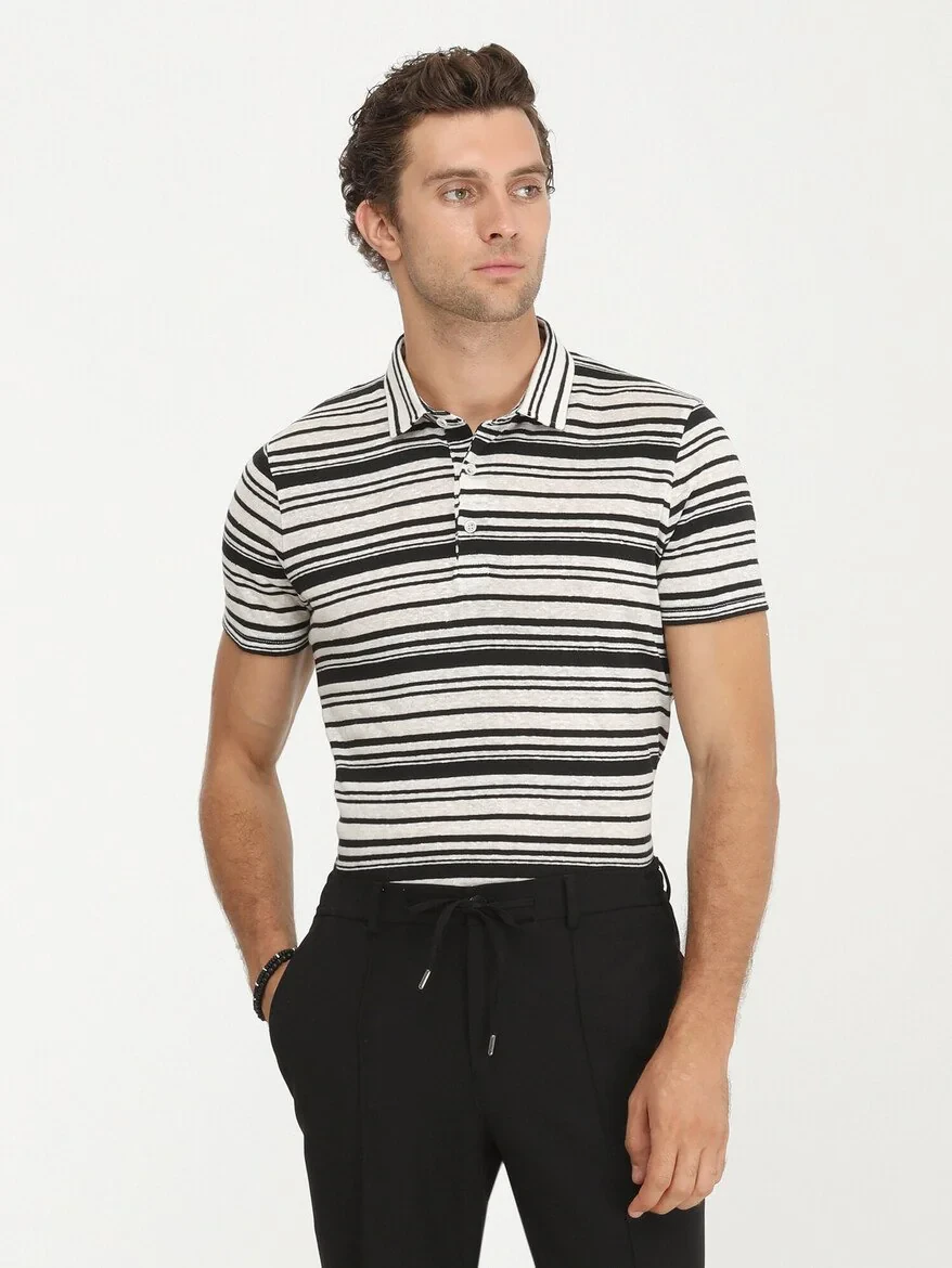 Black Striped Polo Neck Linen Blended T-Shirt - 1