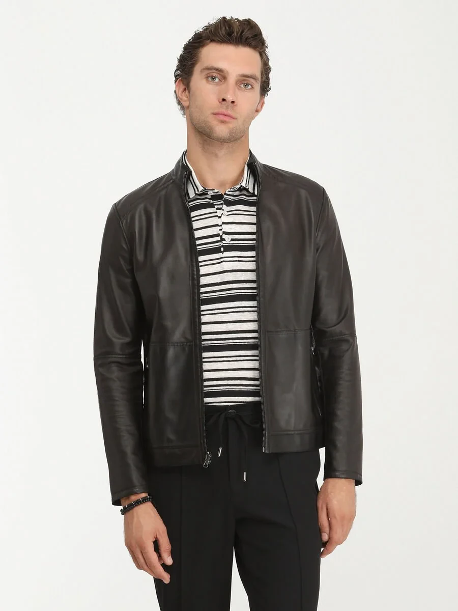 Black Striped Polo Neck Linen Blended T-Shirt - 3