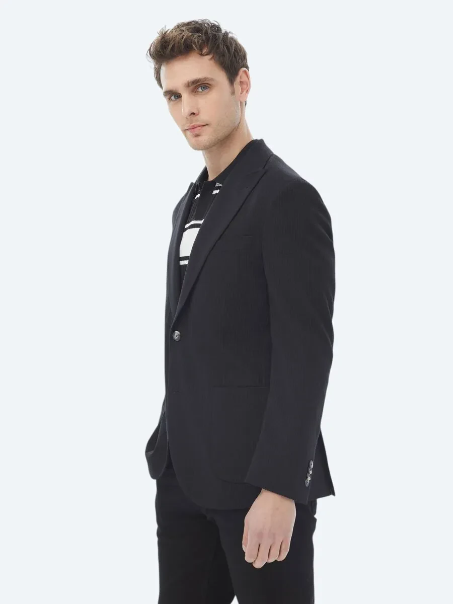 Black Striped Regular Fit Cotton Blended Jacket - 6