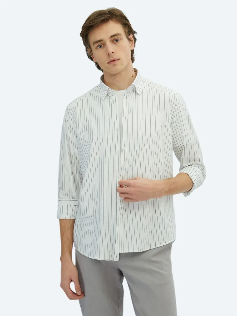 Black Striped Regular Fit Knitting Casual Cotton Blended Shirt - 1