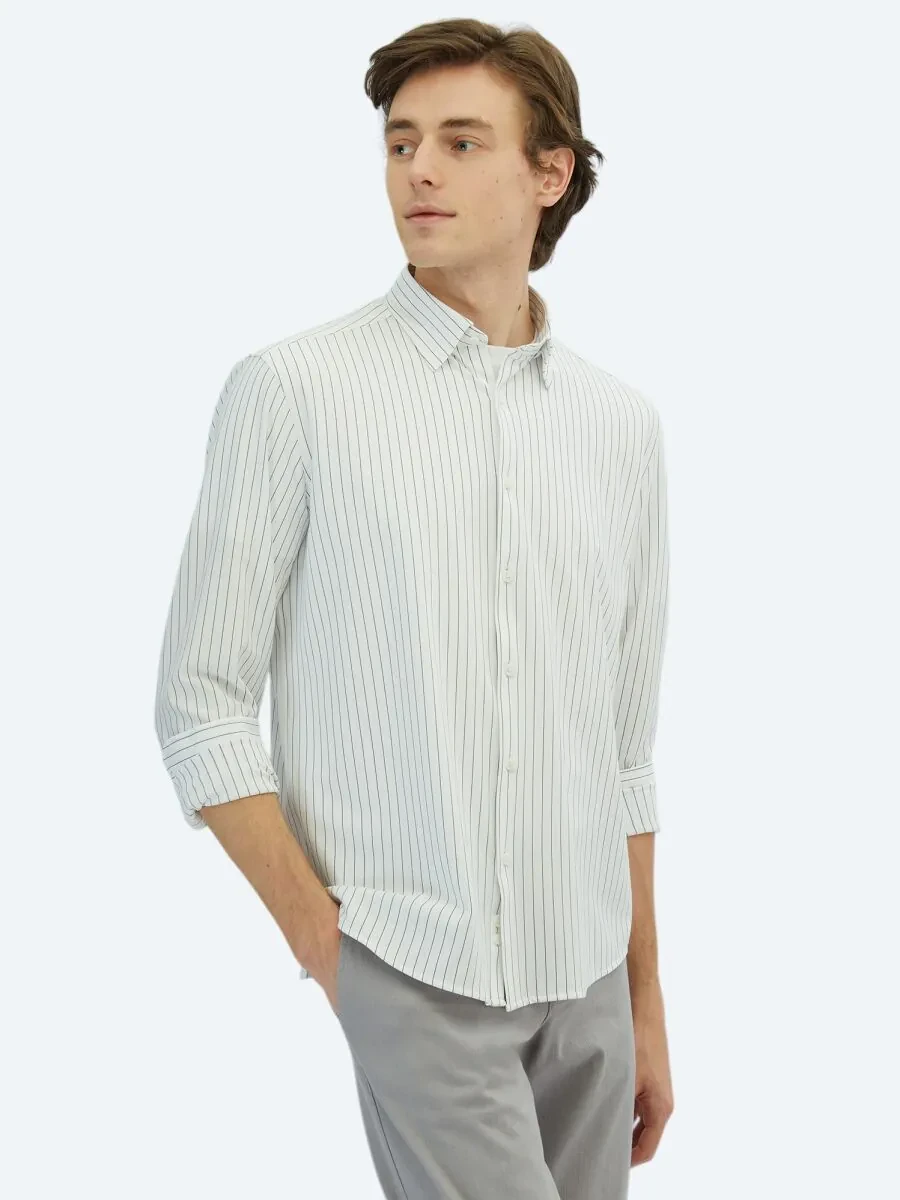 Black Striped Regular Fit Knitting Casual Cotton Blended Shirt - 3