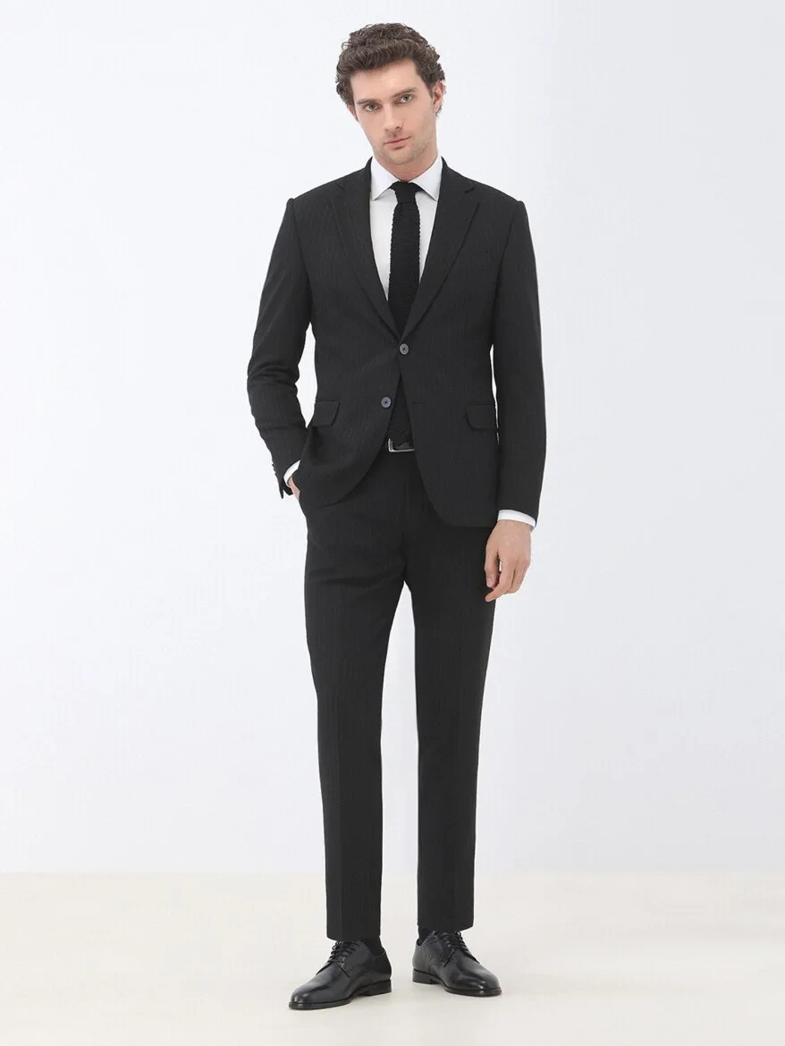 Black Striped Regular Fit Suit - 1