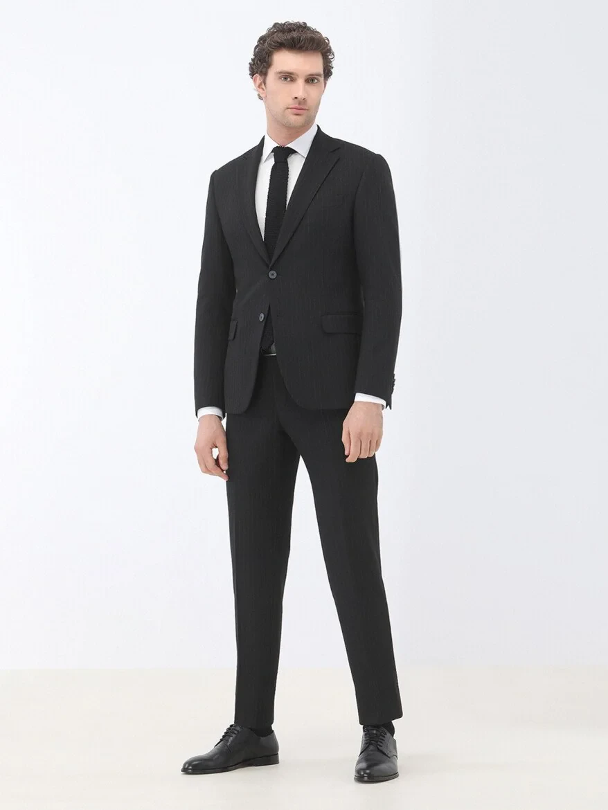 Black Striped Regular Fit Suit - 3