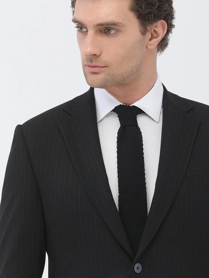 Black Striped Regular Fit Suit - 4