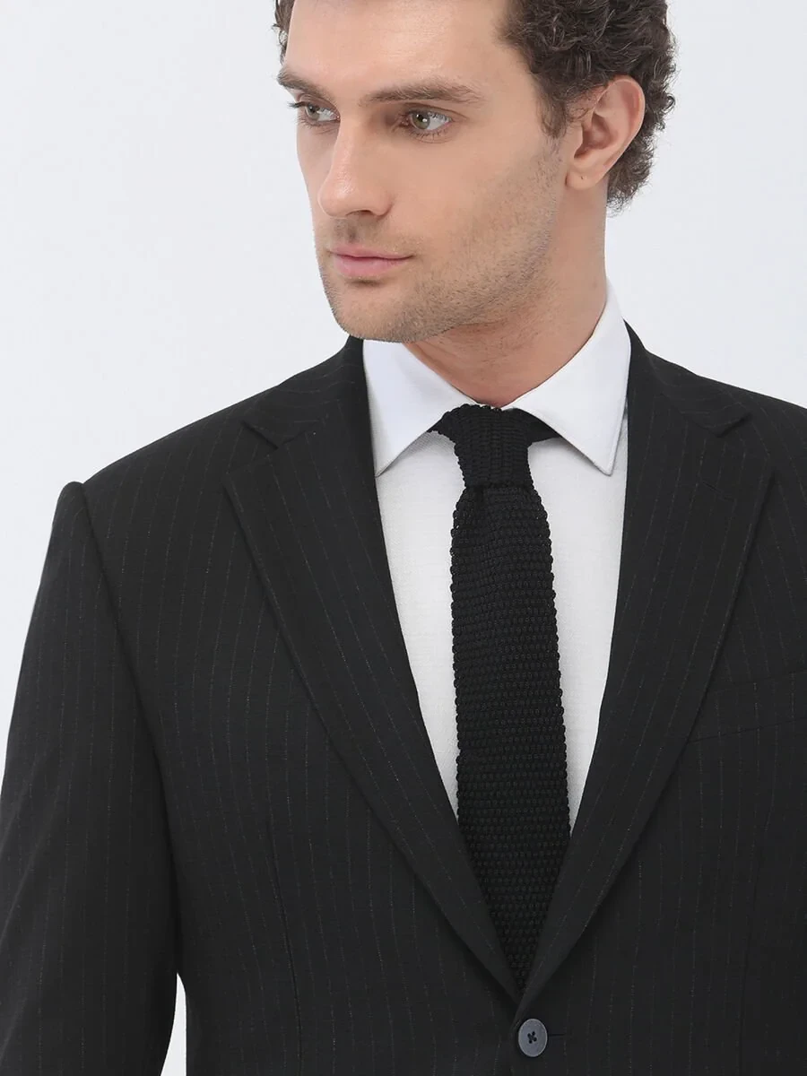 Black Striped Regular Fit Suit - 4