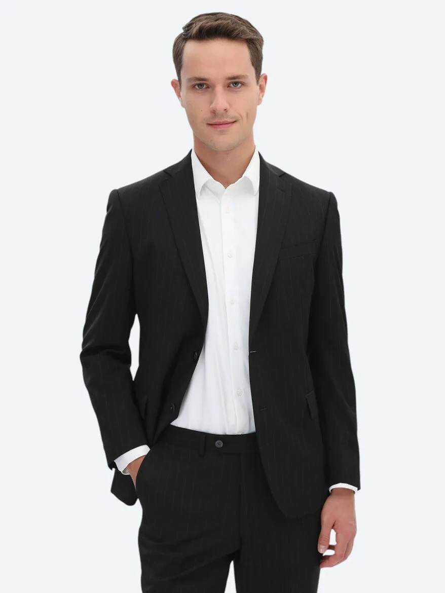 Black Striped Regular Fit Wool Blended Suit - 1