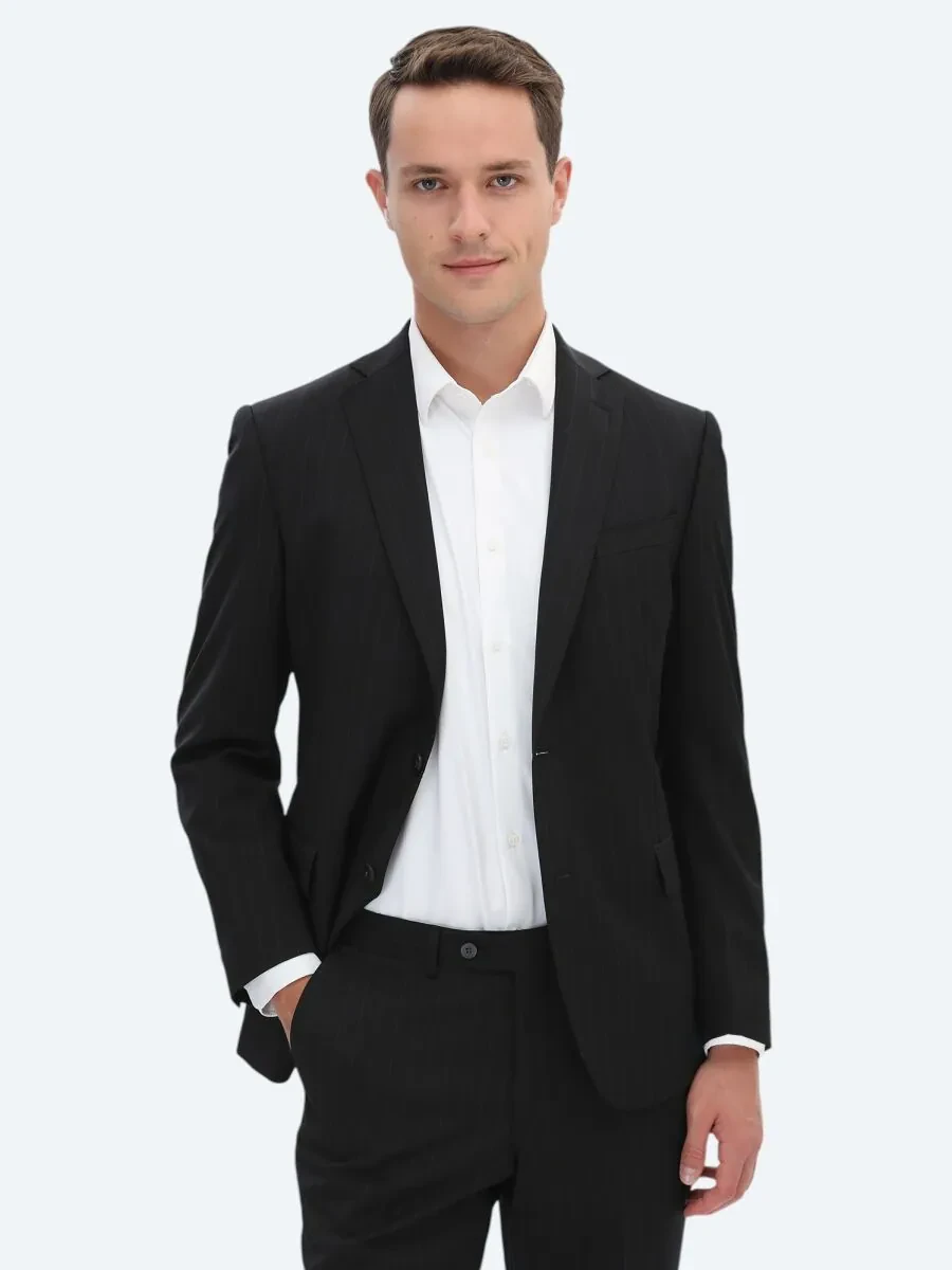 Black Striped Regular Fit Wool Blended Suit - 1