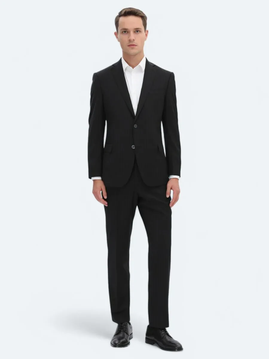 Black Striped Regular Fit Wool Blended Suit - 2