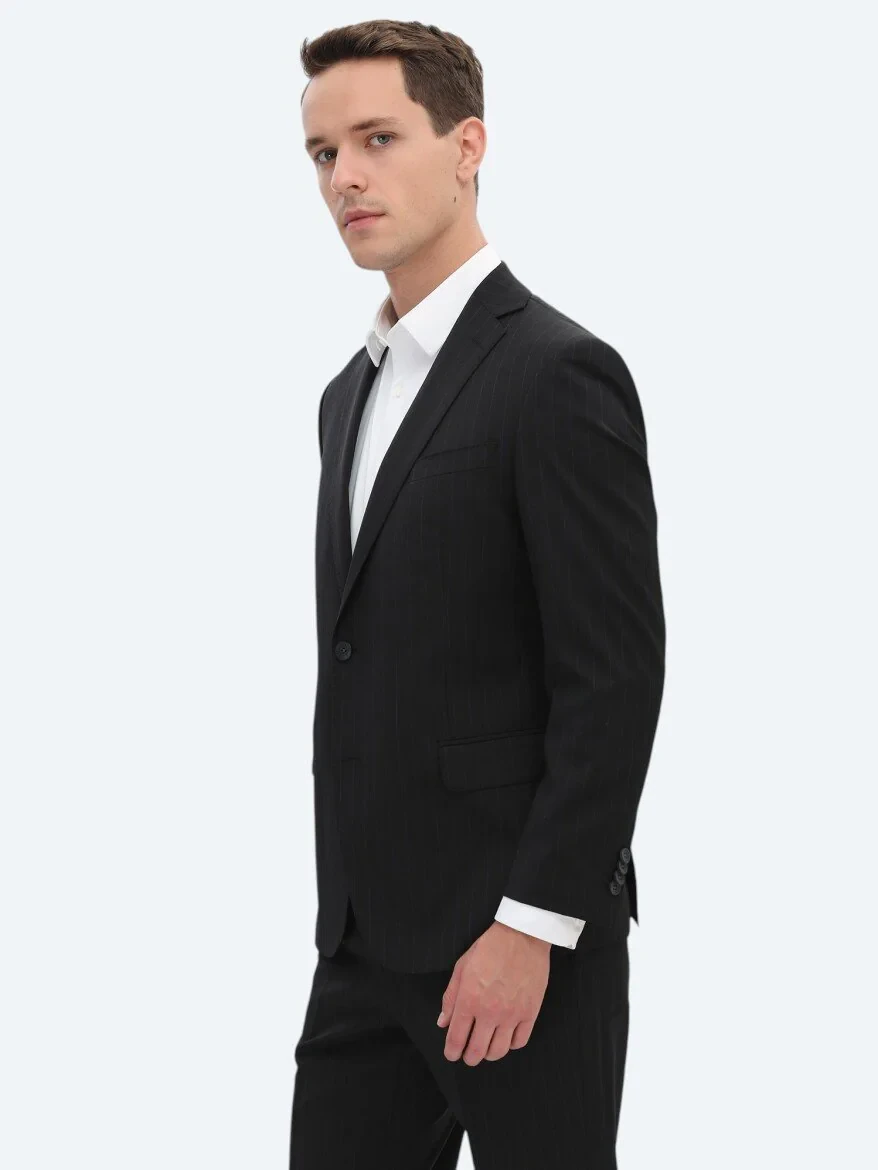 Black Striped Regular Fit Wool Blended Suit - 3