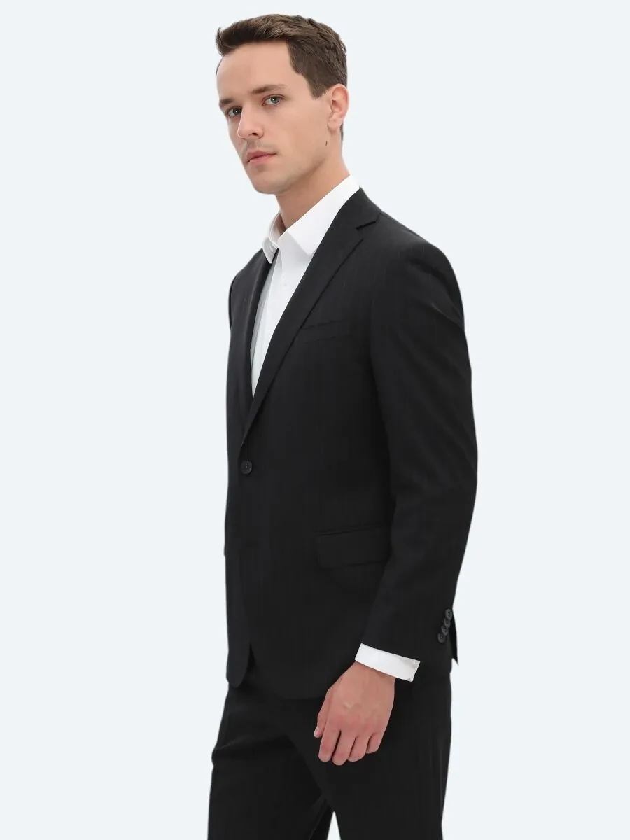 Black Striped Regular Fit Wool Blended Suit - 3