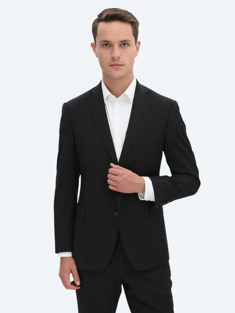Black Striped Regular Fit Wool Blended Suit - 4