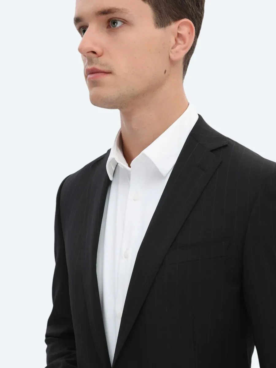 Black Striped Regular Fit Wool Blended Suit - 5