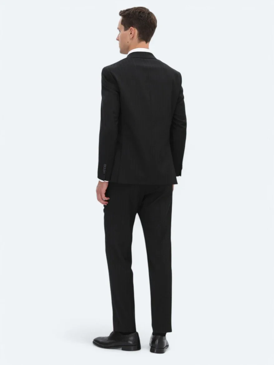 Black Striped Regular Fit Wool Blended Suit - 6
