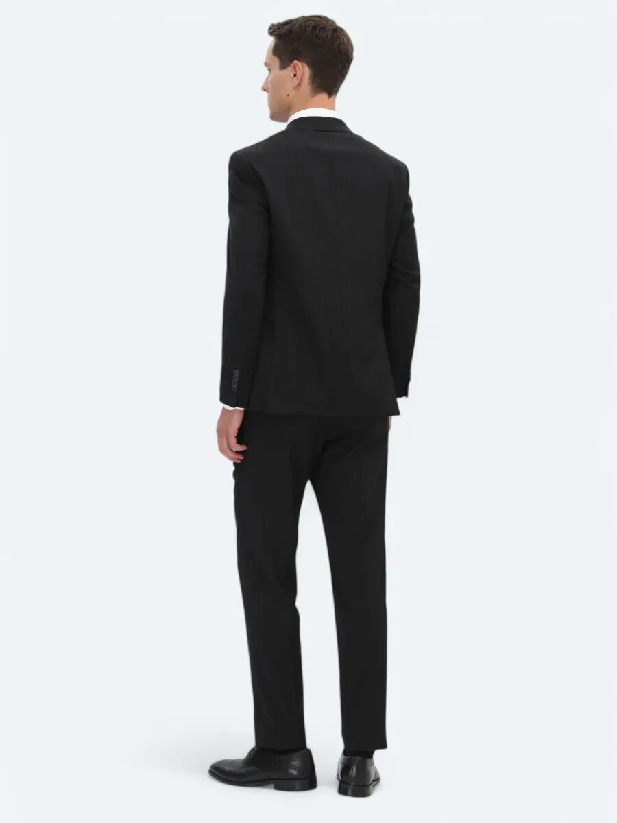 Black Striped Regular Fit Wool Blended Suit - 6
