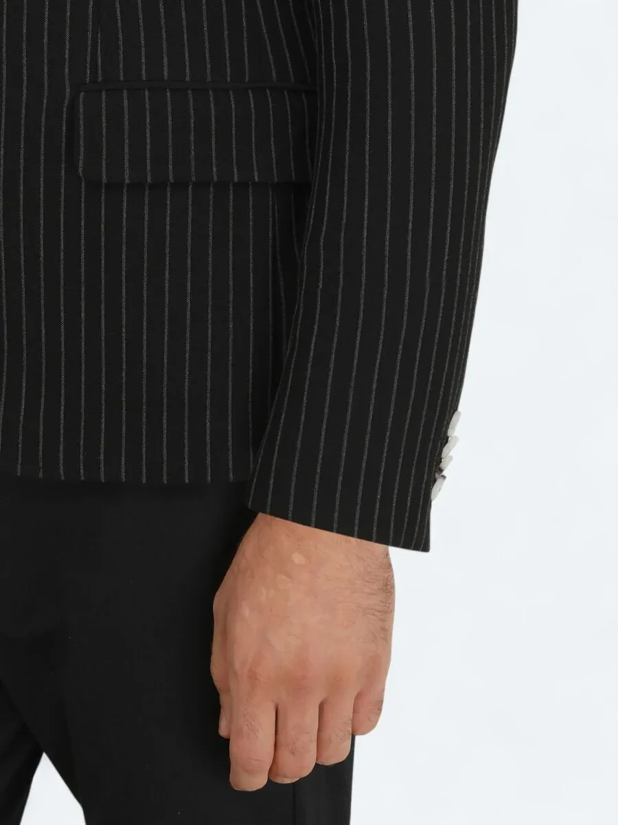 Black Striped Slim Fit Jacket - 5