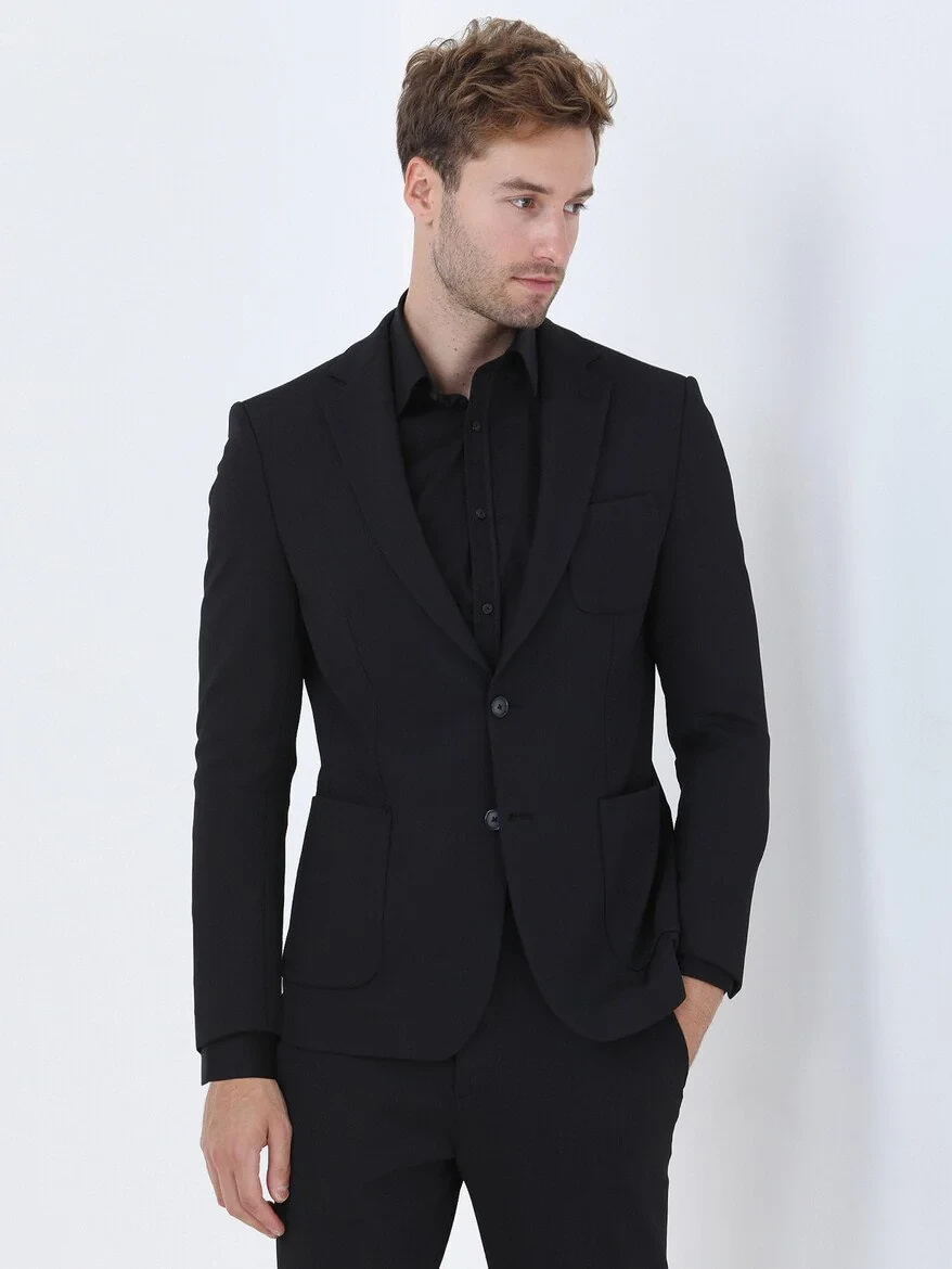 Black Striped Slim Fit Suit - 1