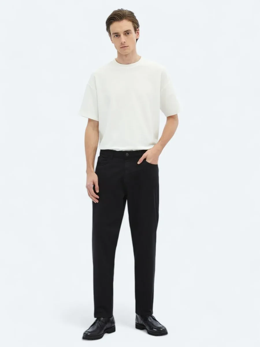 Black Weaving Carrot Fit Casual Cotton Blended Trousers - 1