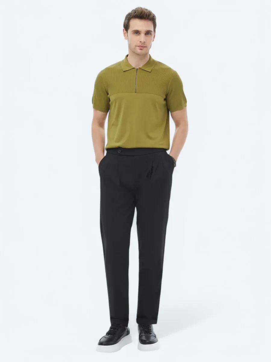 Black Weaving Carrot Fit Smart Casual Trousers - 1