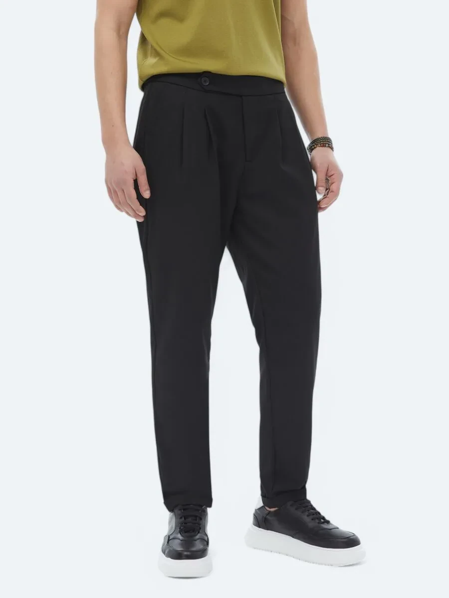 Black Weaving Carrot Fit Smart Casual Trousers - 2