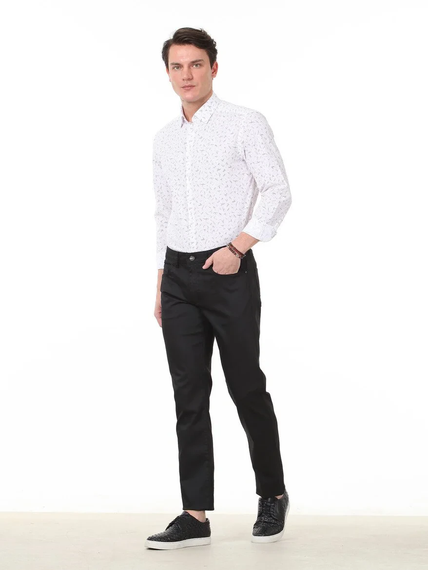 Black Weaving Fitted Fit Casual Cotton Blended Trousers - 1