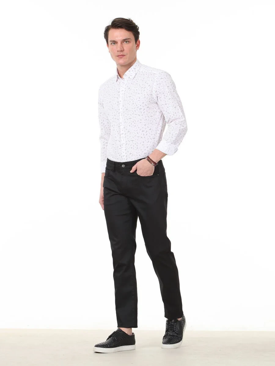 Black Weaving Fitted Fit Casual Cotton Blended Trousers - 1
