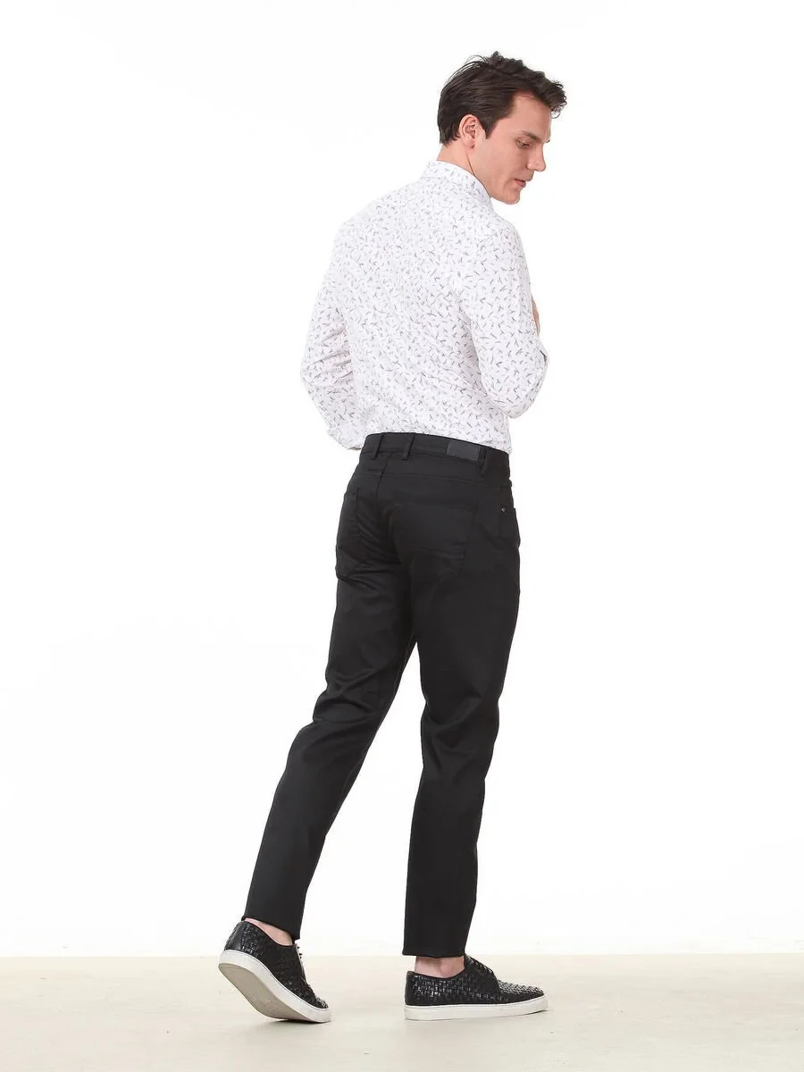 Black Weaving Fitted Fit Casual Cotton Blended Trousers - 4