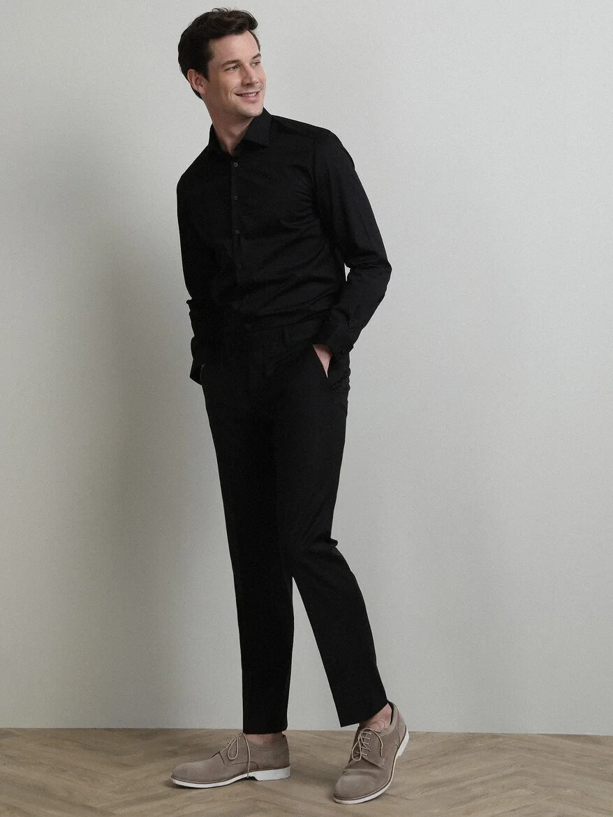 Black Weaving Fitted Fit Classical Wool Blended Trousers - 2