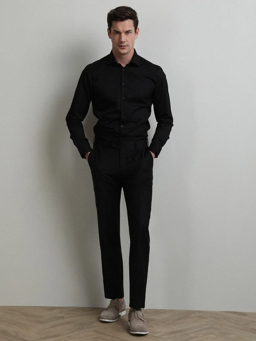 Black Weaving Fitted Fit Classical Wool Blended Trousers - 3