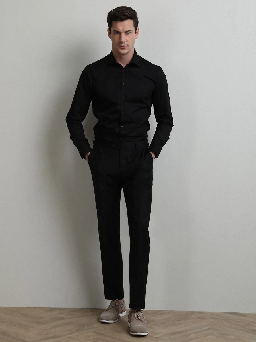 Black Weaving Fitted Fit Classical Wool Blended Trousers - 3