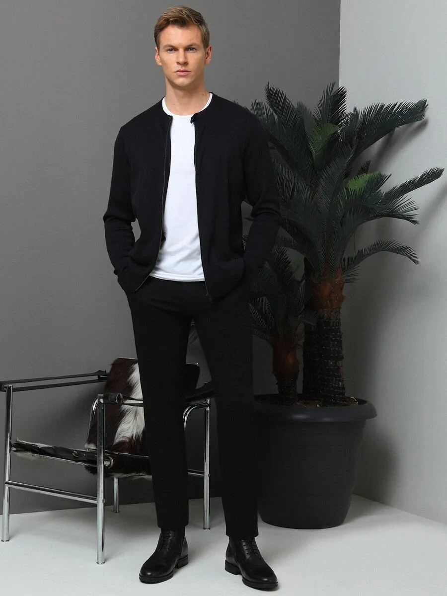 Black Weaving Fitted Fit Classical Wool Blended Trousers - 1