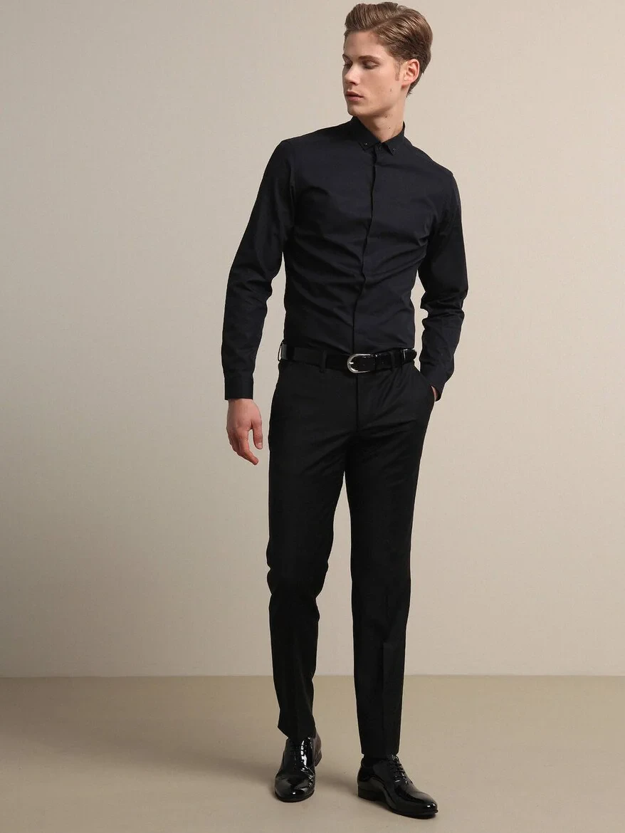 Black Weaving Fitted Fit Classical Wool Blended Trousers - 1