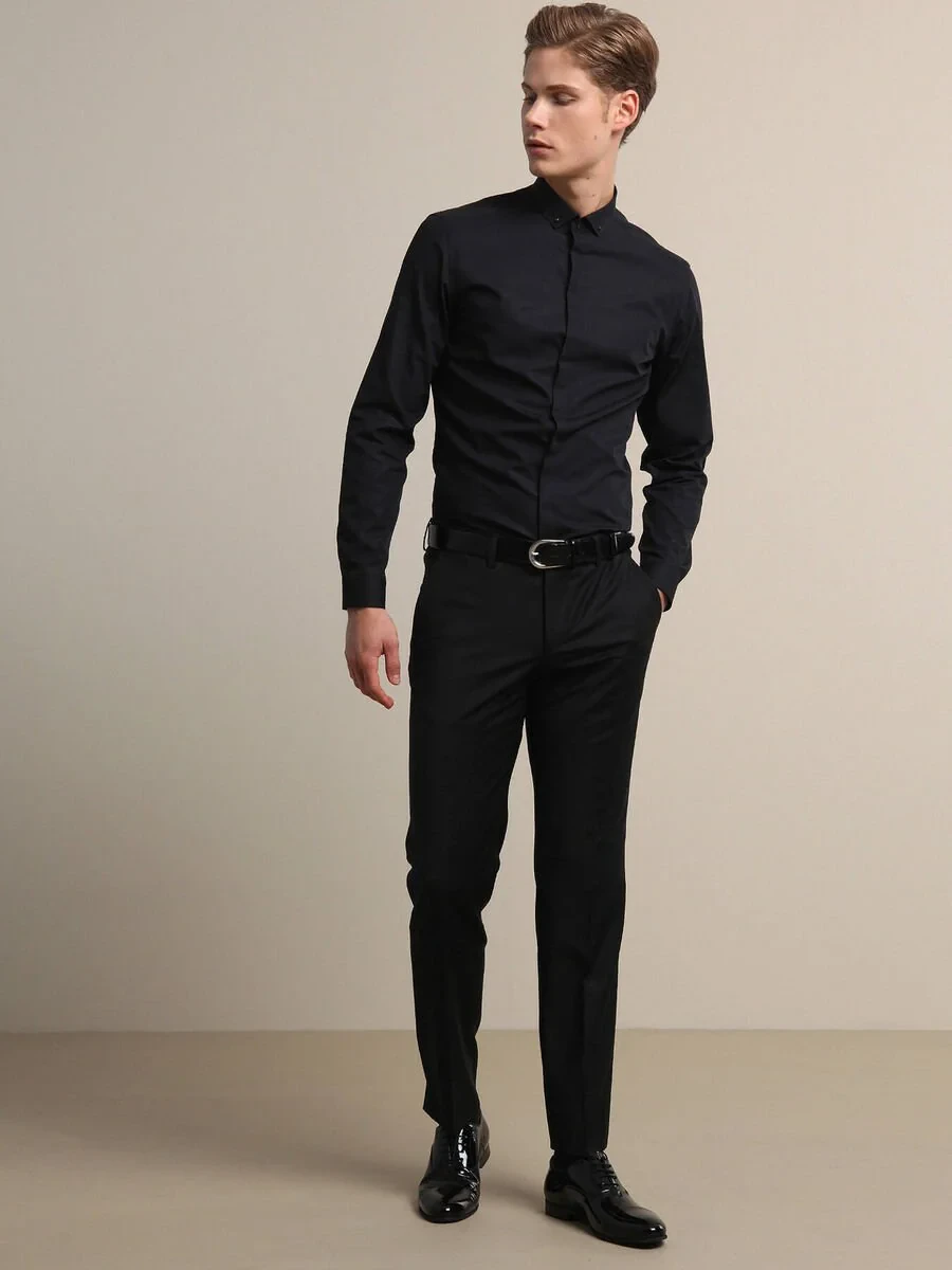 Black Weaving Fitted Fit Classical Wool Blended Trousers - 1