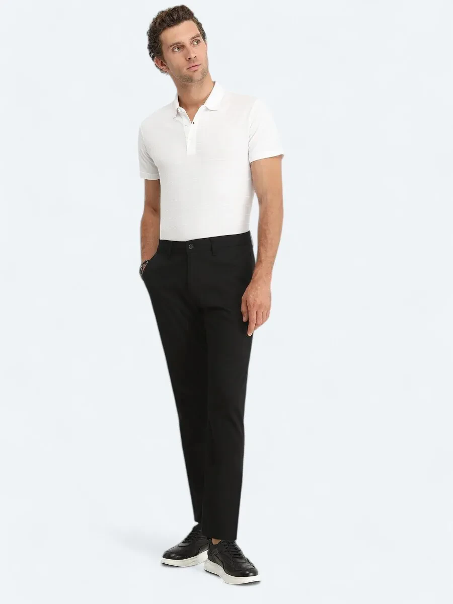 Black Weaving Regular Fit Casual Cotton Blended Trousers - 1