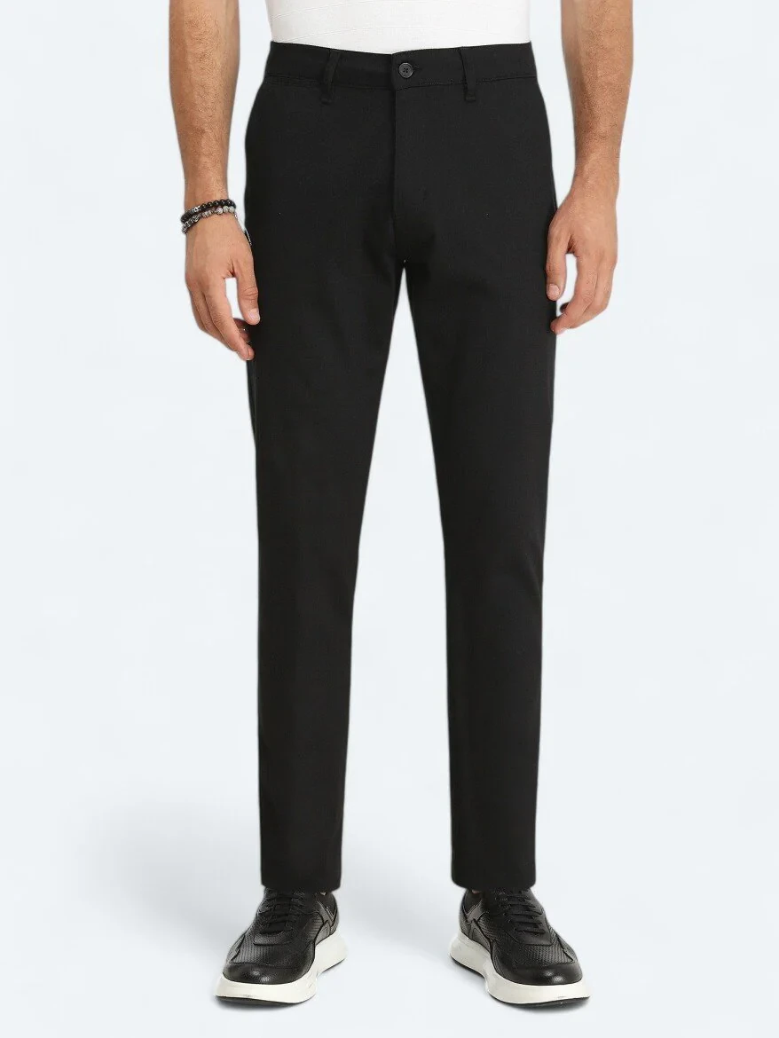 Black Weaving Regular Fit Casual Cotton Blended Trousers - 2