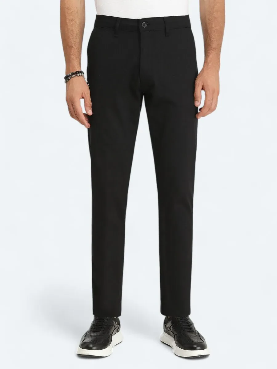 Black Weaving Regular Fit Casual Cotton Blended Trousers - 2