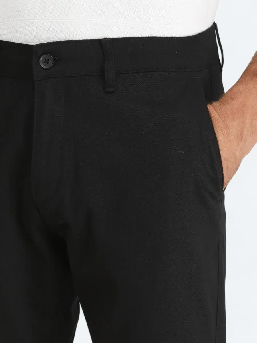 Black Weaving Regular Fit Casual Cotton Blended Trousers - 3