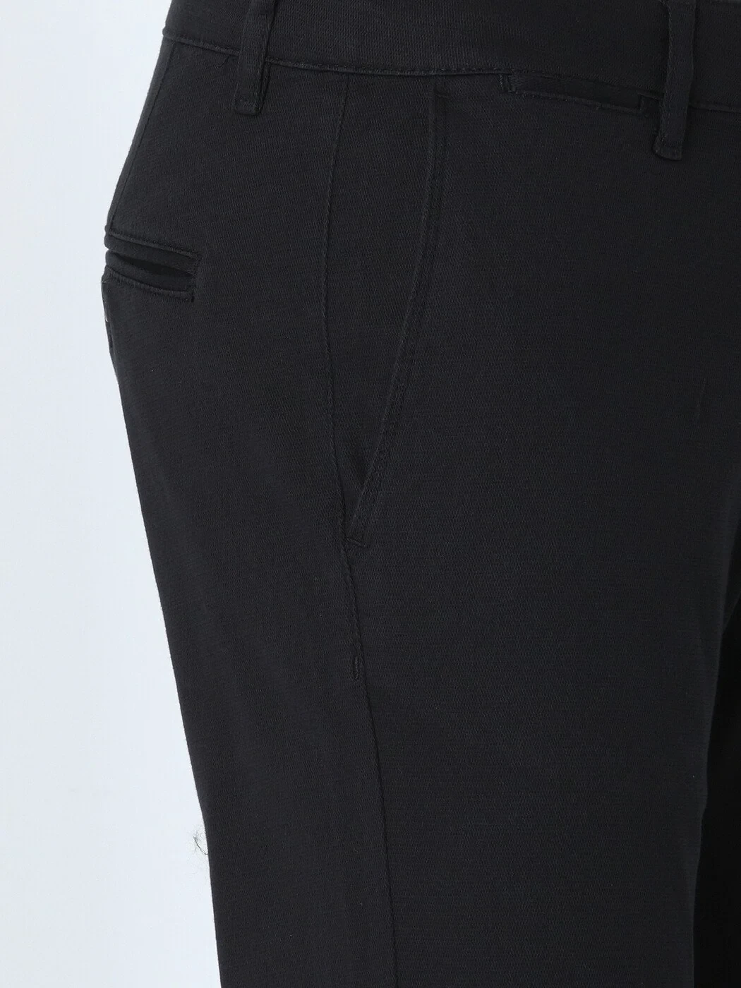 Black Weaving Regular Fit Casual Cotton Blended Trousers - 2