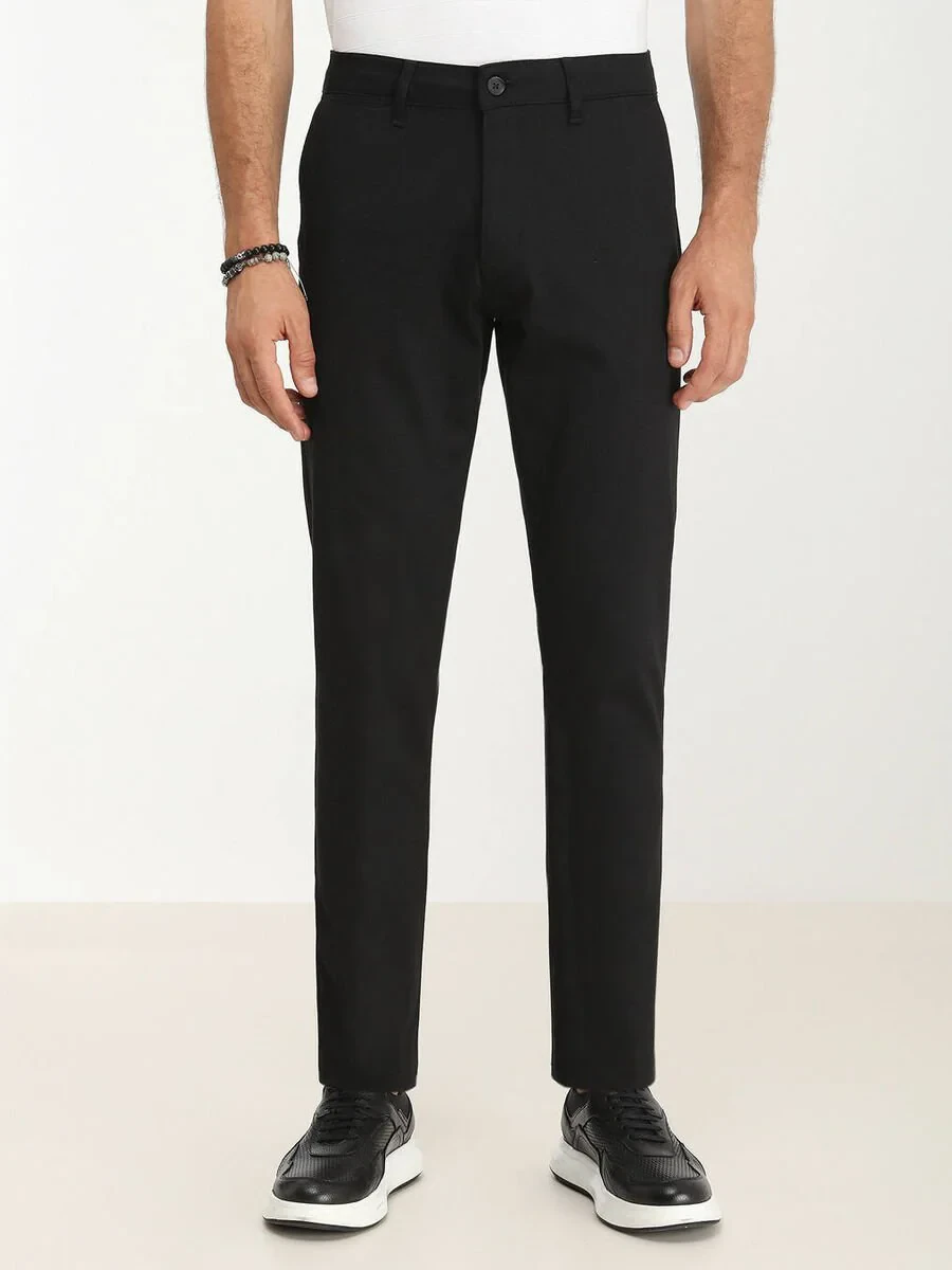 Black Weaving Regular Fit Casual Cotton Blended Trousers - 1